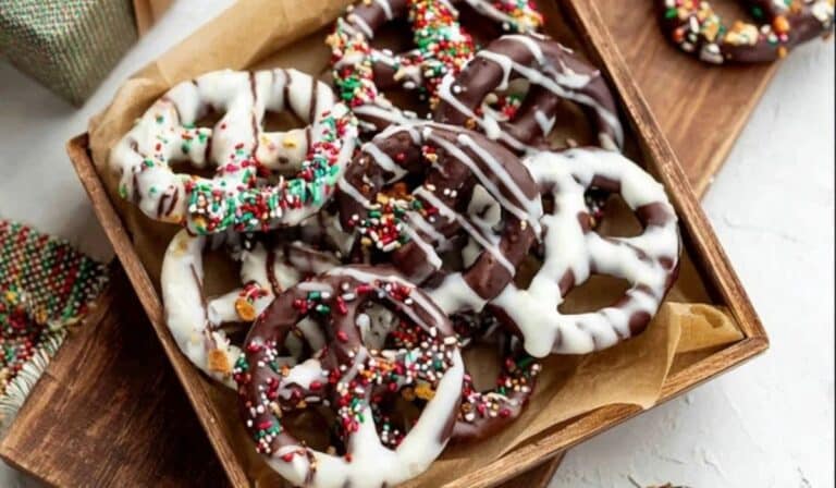 Chocolate Covered Pretzels on rustic tray