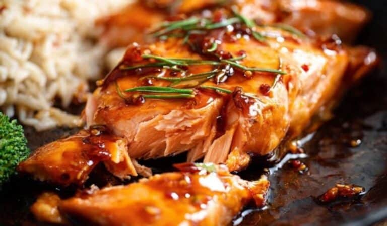 Honey Garlic Soy Glazed Salmon in skillet