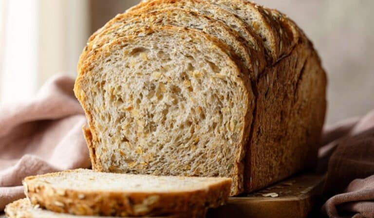 multigrain bread loaf sliced on a wooden board