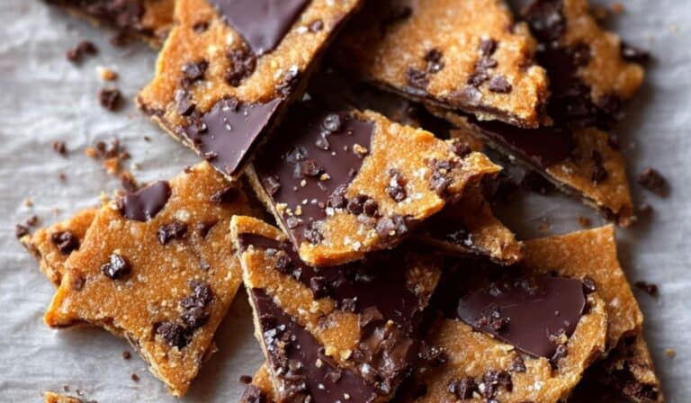 Chocolate Chip Cookie Bark broken into pieces