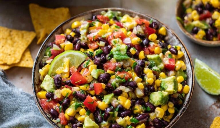 Corn, Black Bean & Avocado Salsa with tortilla chips