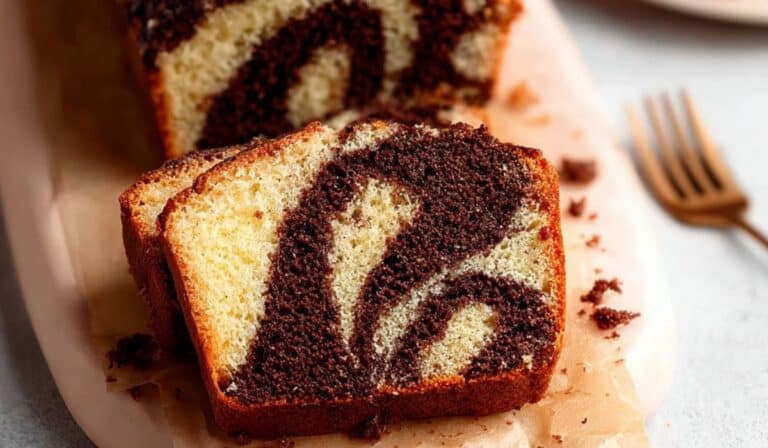 Freshly sliced marble loaf cake with chocolate swirl