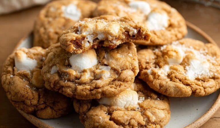 Brown Butter Marshmallow Crispy Cookies stacked on plate