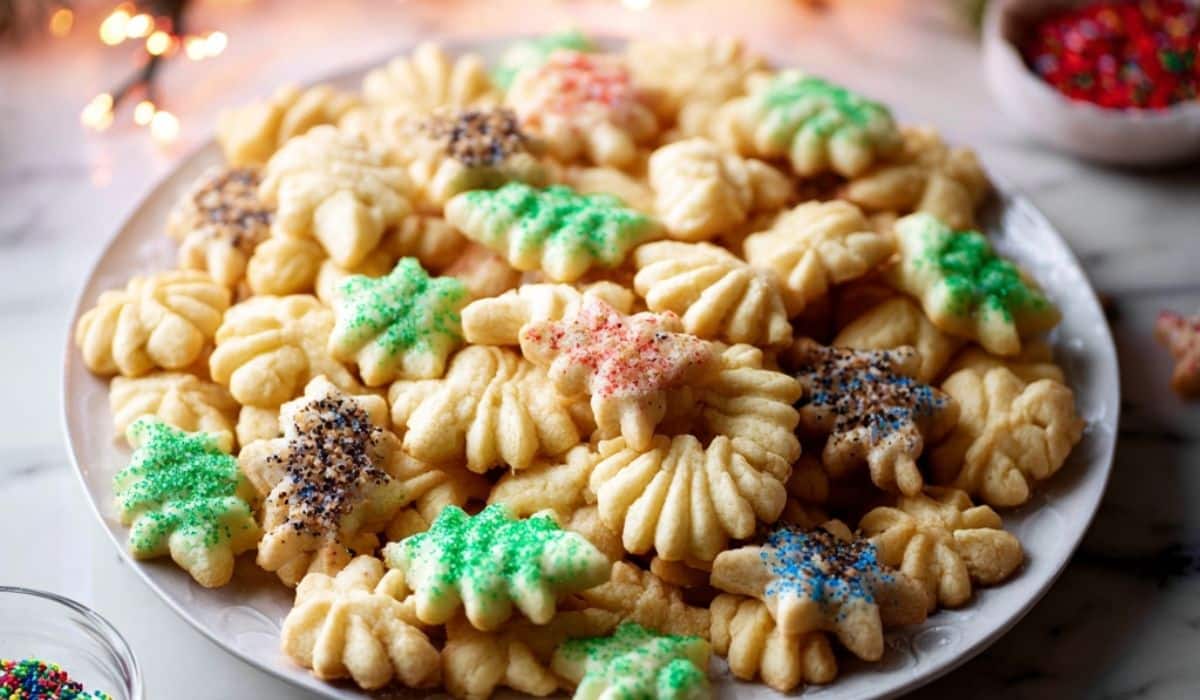 Spritz Cookies decorated with colored sugar