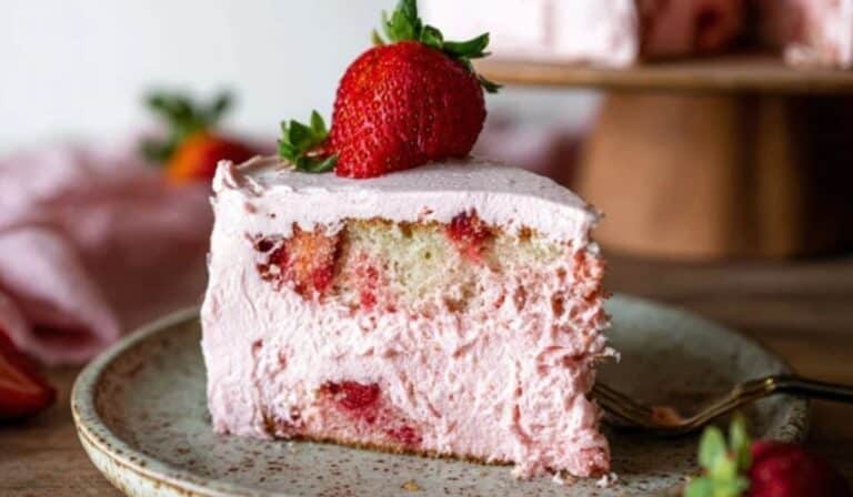 homemade strawberry cake on rustic plate