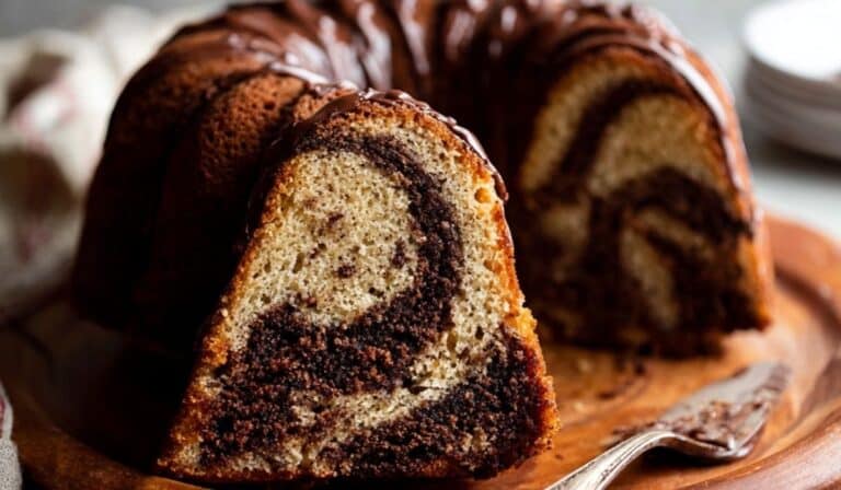 Chocolate Marble Banana Bundt Cake sliced with swirl pattern