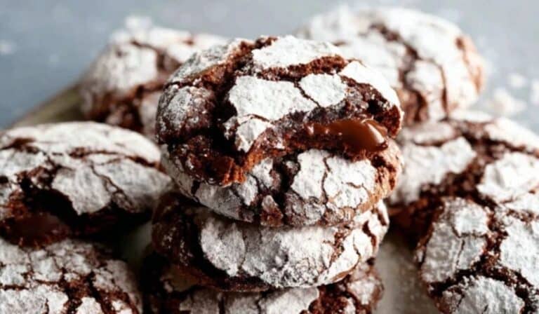Nutella Crinkle Cookies stacked with powdered sugar