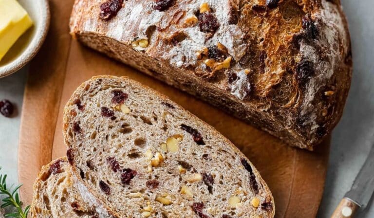 Crusty Cranberry Nut No-Knead Bread on board
