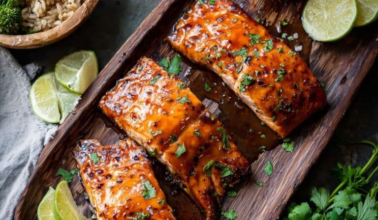 Honey Chipotle Salmon fillets glazed and served on board