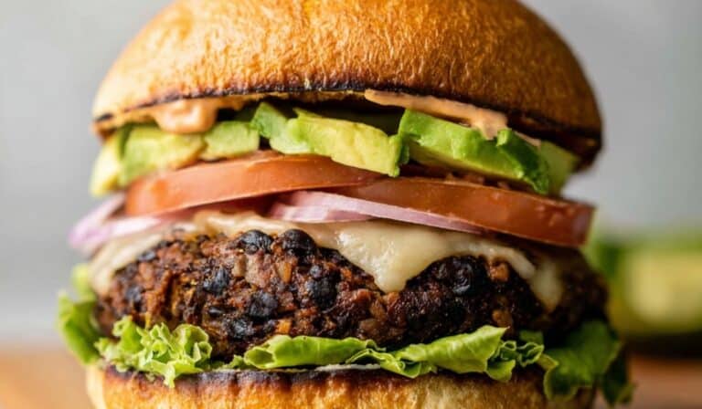 black bean burger on brioche bun with toppings