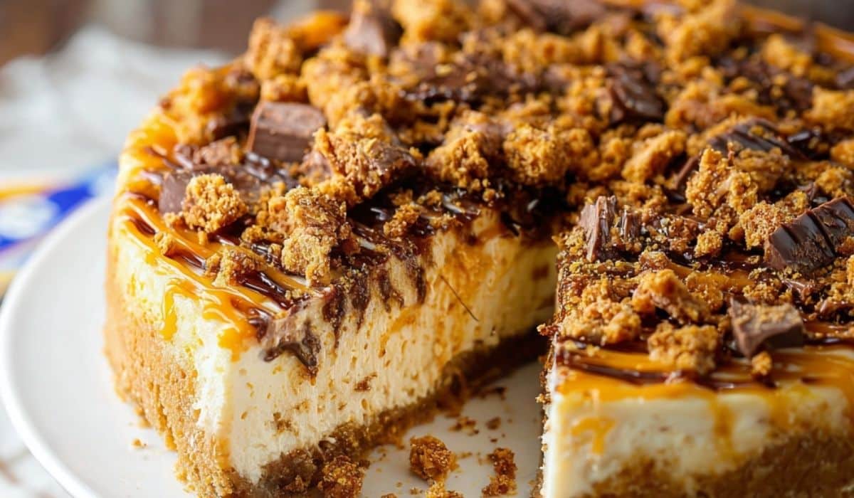 Peanut Butter Butterfinger Cheesecake topped with crushed candy