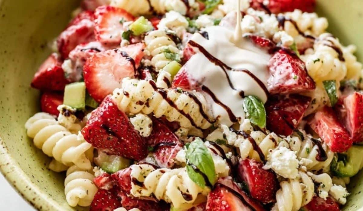 Strawberry Feta Pasta Salad served fresh in rustic bowl