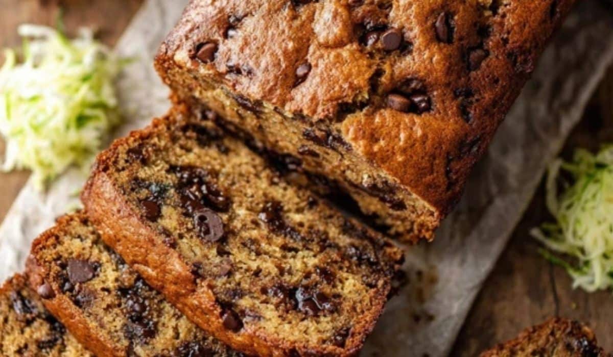 Freshly baked peanut butter chocolate chip zucchini bread on a wooden table