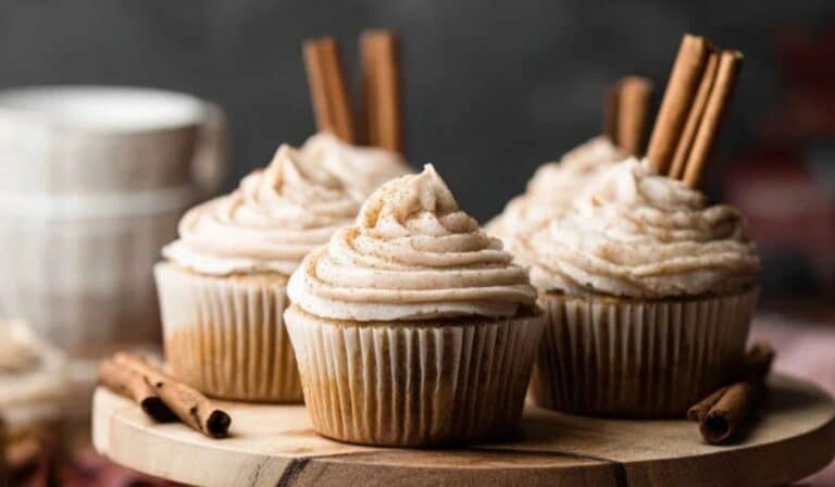 Chai Latte Cupcakes on rustic table
