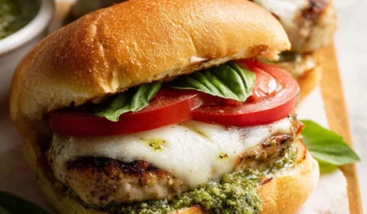 Caprese Pesto Chicken Burger with fresh mozzarella and basil