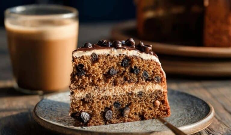 espresso chocolate chip cake served with coffee