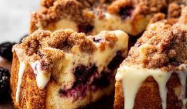 Blackberry Cream Cheese Crumb Cake on rustic table