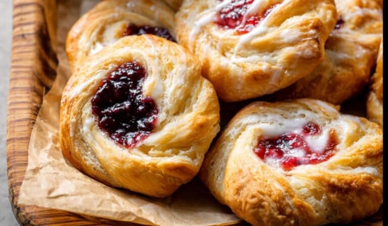 Homemade breakfast Danish pastries on a rustic breakfast table