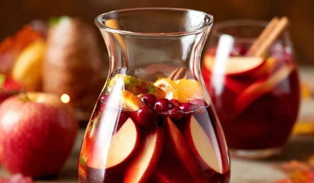 Honeycrisp Apple Sangria in a rustic fall setting