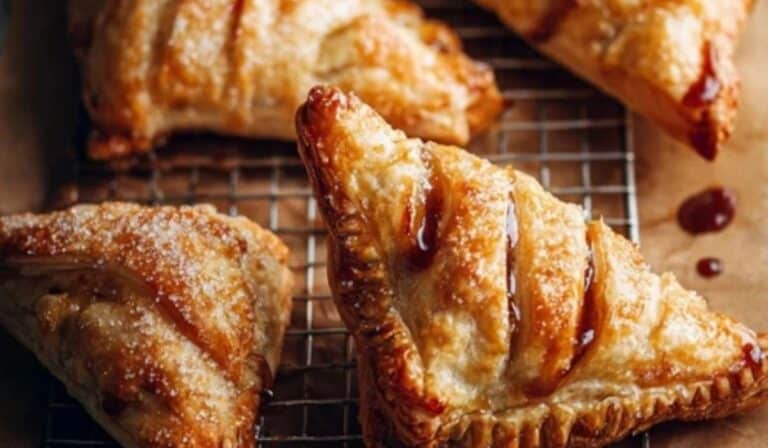 Golden baked apple turnovers on rustic wood