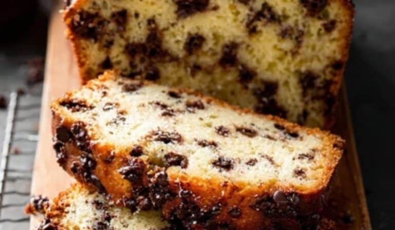 Chocolate Chip Loaf Cake on rustic board