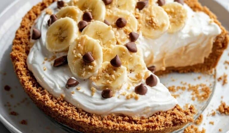 Peanut Butter Banana Cream Pie slice on plate
