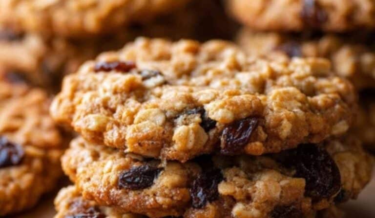 Chewy oatmeal raisin cookies stacked on a rustic table