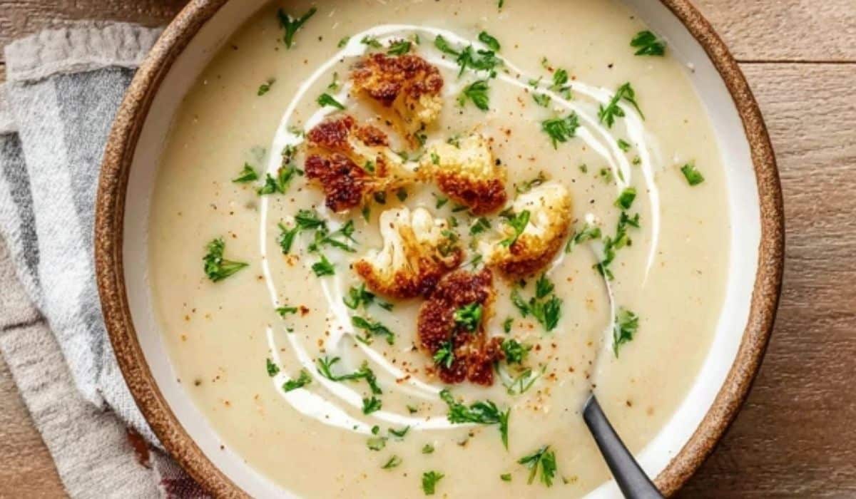 creamy cauliflower potato soup in rustic bowl