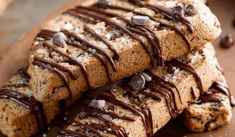 Mocha Chip Biscotti stacked with chocolate drizzle