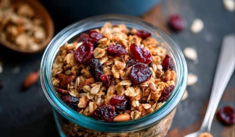 Maple Almond Cranberry Granola in glass jar on table