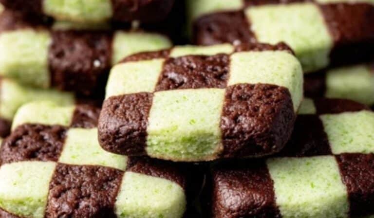Mint Chocolate Checkerboard Cookies stacked on a table