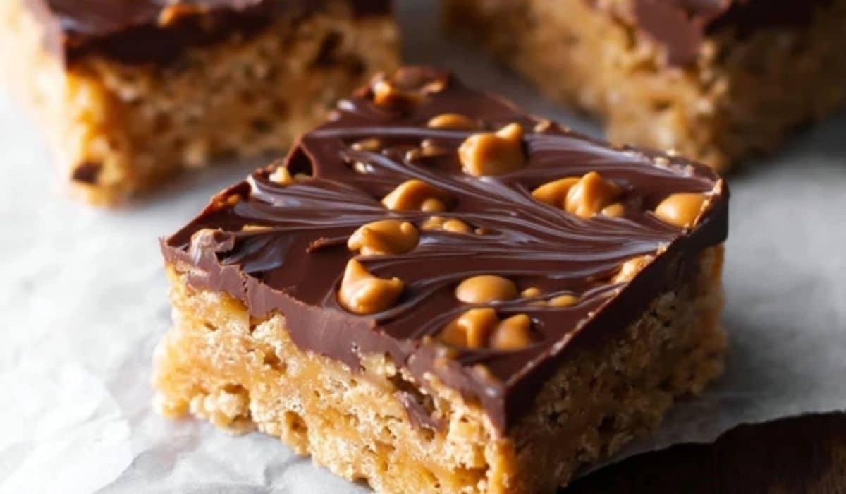 Scotcheroos (Without Corn Syrup) dessert bars on rustic table