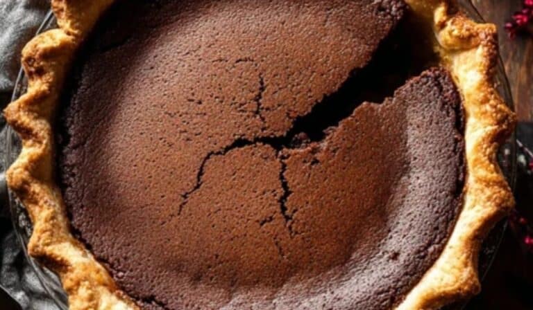 Chocolate Chess Pie freshly baked on rustic table