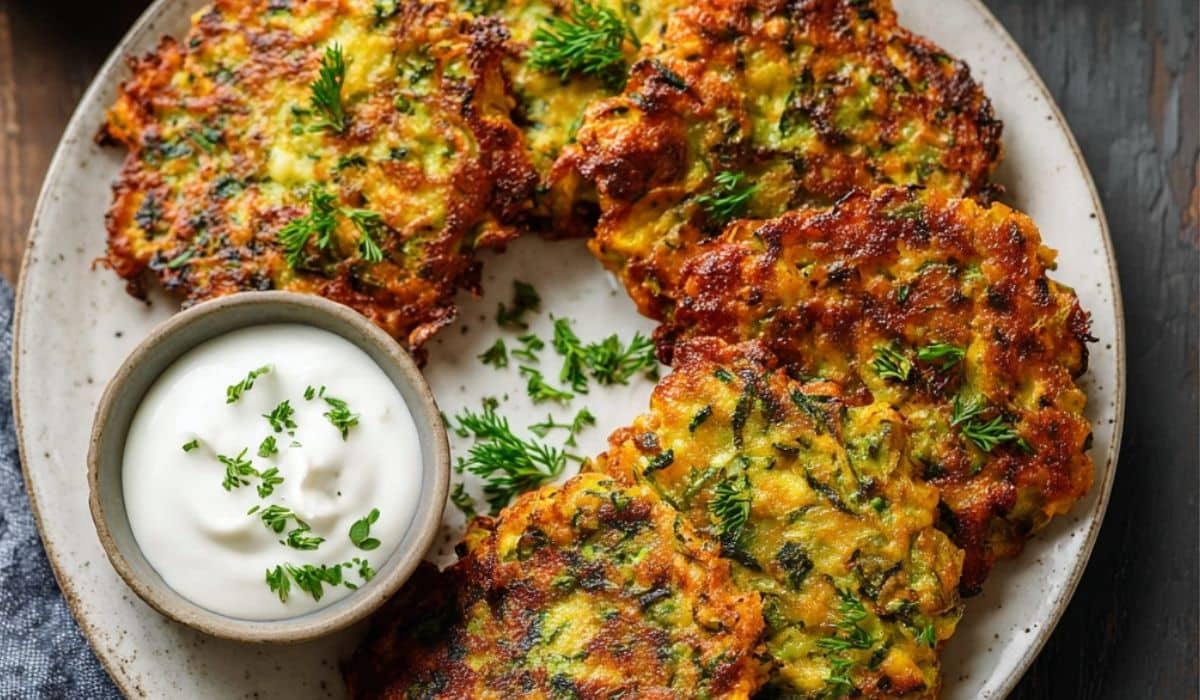 Zucchini & Sweet Potato Fritters on rustic plate