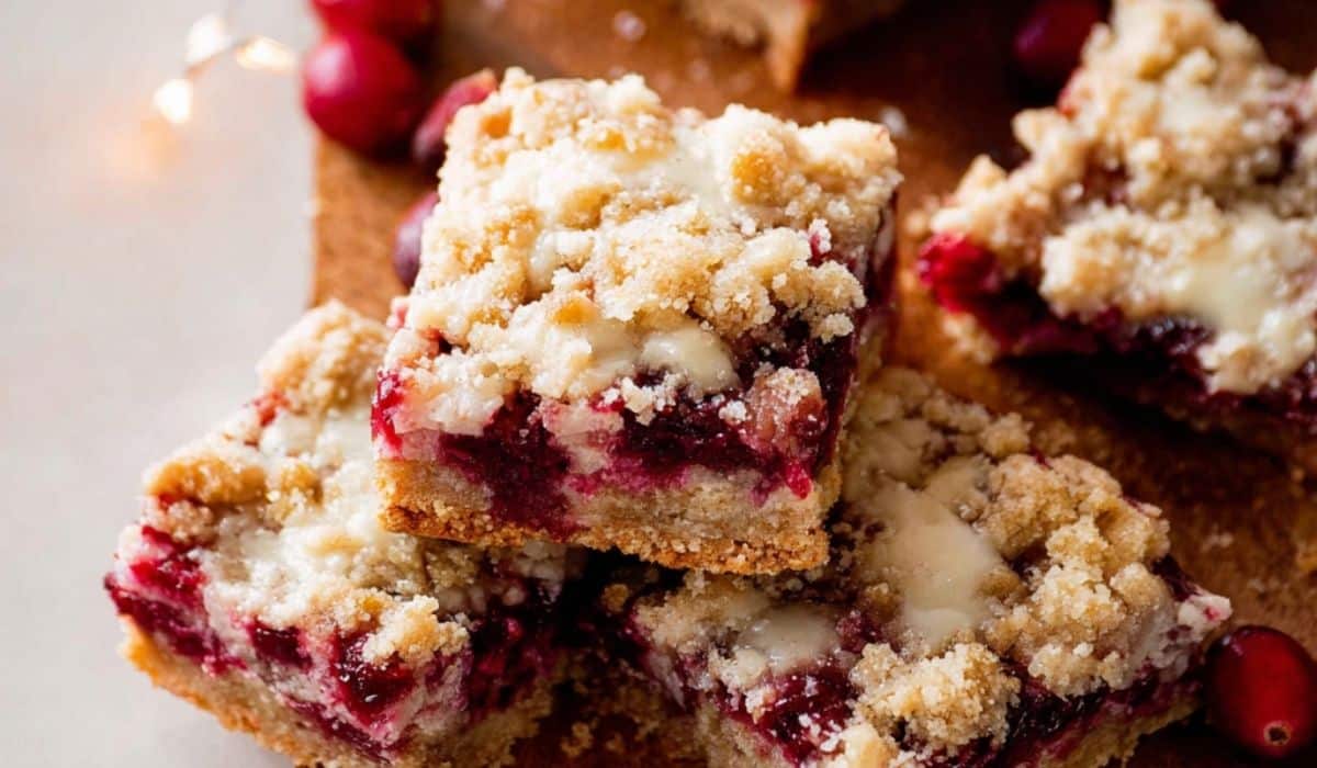 Cranberry Crumble Pie Bars stacked on a wooden plate