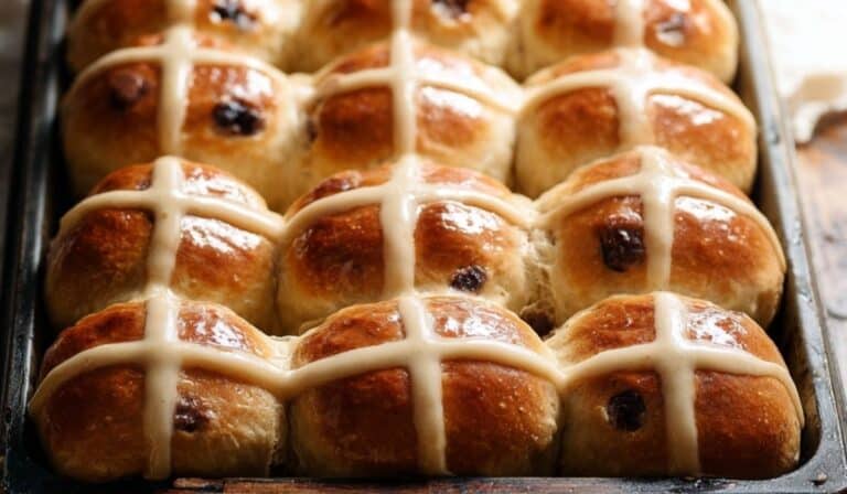 Hot Cross Buns fresh baked tray rustic table