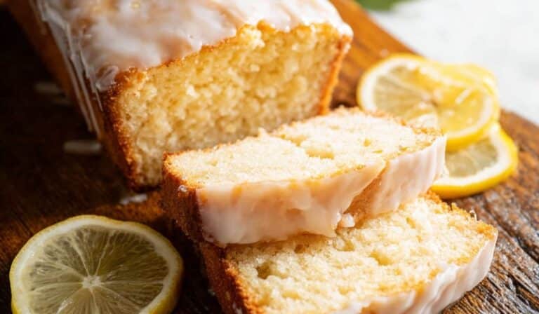 Iced Lemon Pound Cake with lemon glaze and slices