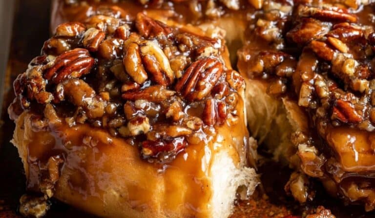 Maple Pecan Sticky Buns fresh from oven with glaze