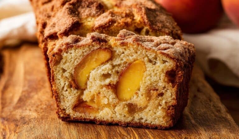 Peach quick bread on wooden table with slices