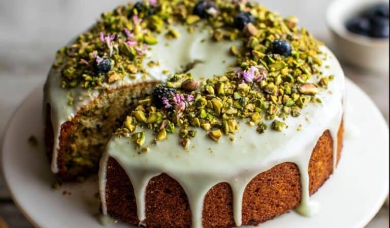 Pistachio cake with green glaze and pistachio topping