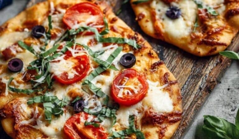 Homemade flatbread pizza with fresh toppings