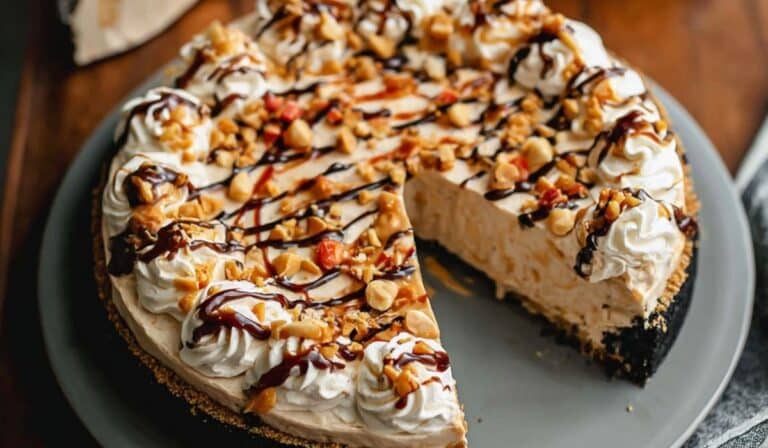 Peanut Butter Ice Cream Pie with chocolate crust and peanut topping