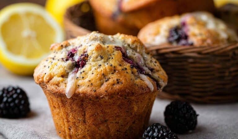Blackberry Lemon Poppy Seed Muffins in rustic basket