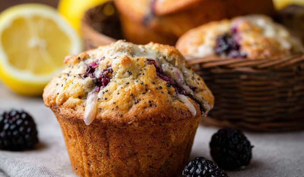 Blackberry Lemon Poppy Seed Muffins in rustic basket