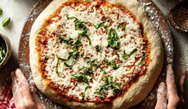 Whole Wheat Pizza Dough being shaped on a wooden table