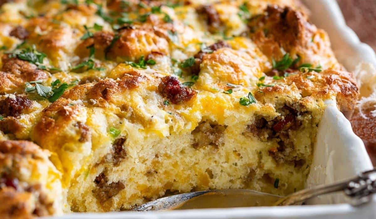 Biscuit Breakfast Casserole with cheesy sausage layers