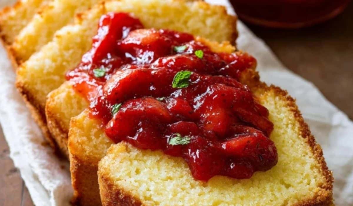 Brown Butter Pound Cake with Strawberry Compote on table