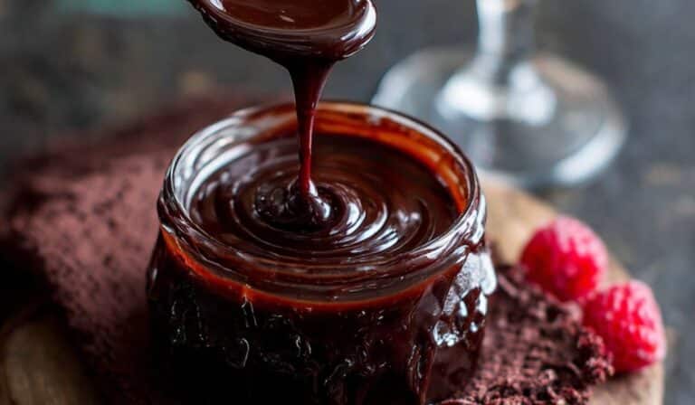 Red Wine Chocolate Ganache being poured over cake