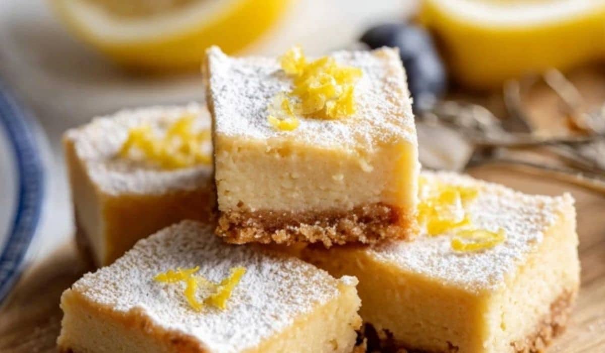 Greek Yogurt Lemon Bars with fresh lemon garnish