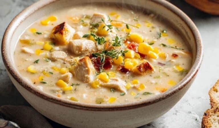 Slow Cooker Creamy Chicken & Corn Soup in bowl